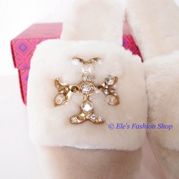 NIB Tory Burch Jeweled Double T Shearling Slipper Buttermilk US 7.5 8 8.5 9 9.5 - Picture 8 of 16
